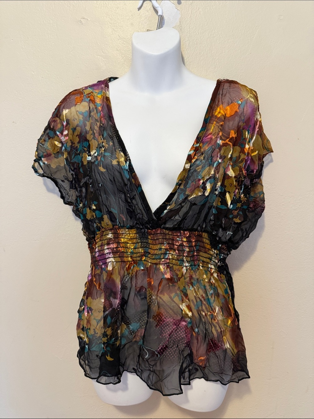 Smocked Waist Floral V-Neck Blouse - Black Multi